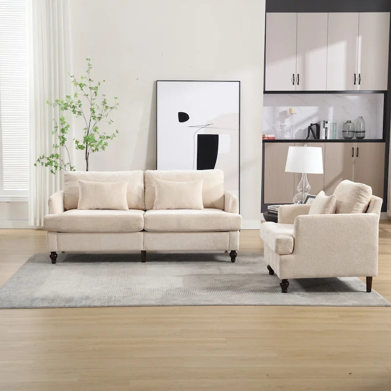 Set Divanetto e Poltrona Imbottiti in ciniglia, Struttura in legno, 2 posti – Beige / Smeraldo / Arancione / Nero / Rosa / Grigio