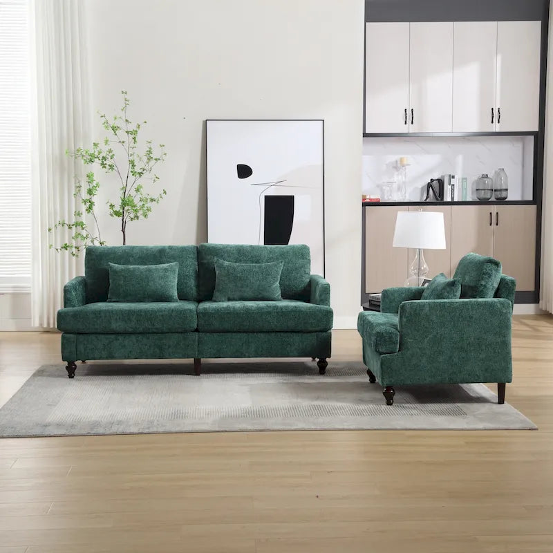 Set Divanetto e Poltrona Imbottiti in ciniglia, Struttura in legno, 2 posti – Beige / Smeraldo / Arancione / Nero / Rosa / Grigio