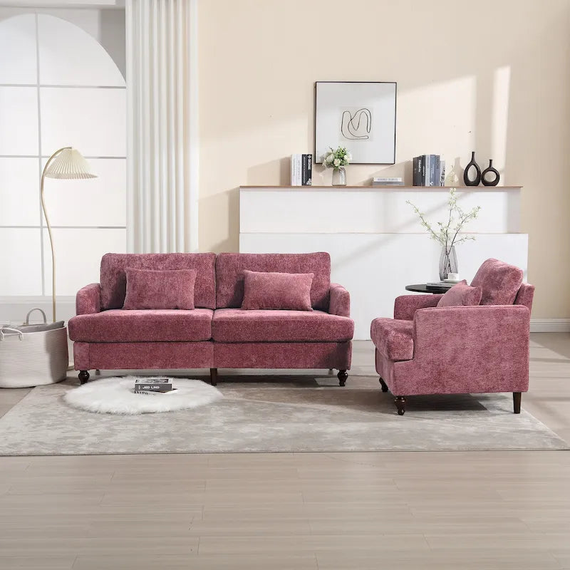Set Divanetto e Poltrona Imbottiti in ciniglia, Struttura in legno, 2 posti – Beige / Smeraldo / Arancione / Nero / Rosa / Grigio