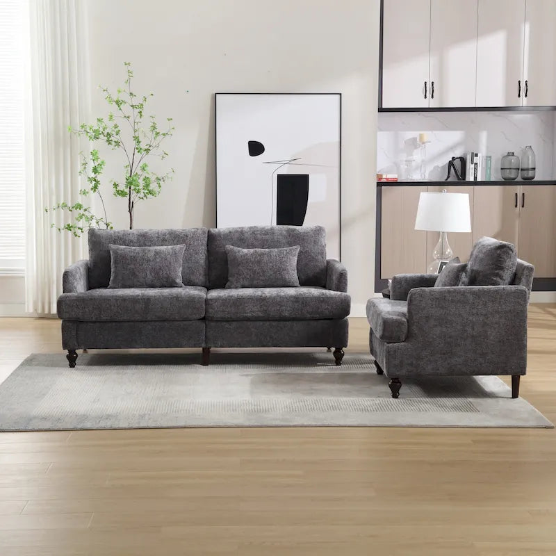 Set Divanetto e Poltrona Imbottiti in ciniglia, Struttura in legno, 2 posti – Beige / Smeraldo / Arancione / Nero / Rosa / Grigio