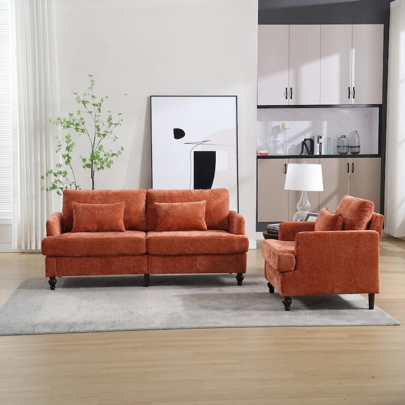Set Divanetto e Poltrona Imbottiti in ciniglia, Struttura in legno, 2 posti – Beige / Smeraldo / Arancione / Nero / Rosa / Grigio