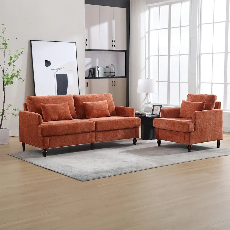 Set Divanetto e Poltrona Imbottiti in ciniglia, Struttura in legno, 2 posti – Beige / Smeraldo / Arancione / Nero / Rosa / Grigio