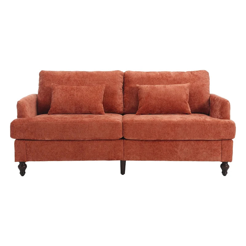 Set Divanetto e Poltrona Imbottiti in ciniglia, Struttura in legno, 2 posti – Beige / Smeraldo / Arancione / Nero / Rosa / Grigio