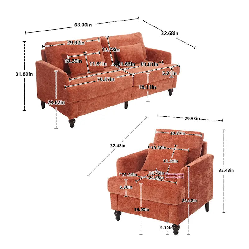 Set Divanetto e Poltrona Imbottiti in ciniglia, Struttura in legno, 2 posti – Beige / Smeraldo / Arancione / Nero / Rosa / Grigio