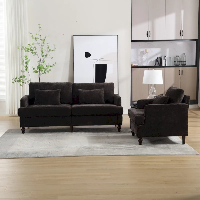 Set Divanetto e Poltrona Imbottiti in ciniglia, Struttura in legno, 2 posti – Beige / Smeraldo / Arancione / Nero / Rosa / Grigio
