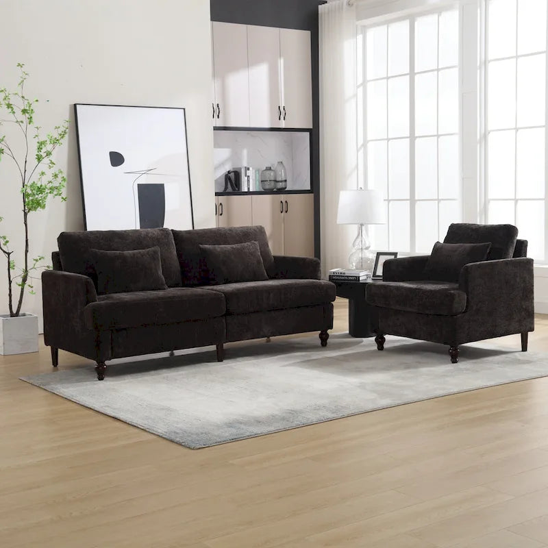 Set Divanetto e Poltrona Imbottiti in ciniglia, Struttura in legno, 2 posti – Beige / Smeraldo / Arancione / Nero / Rosa / Grigio