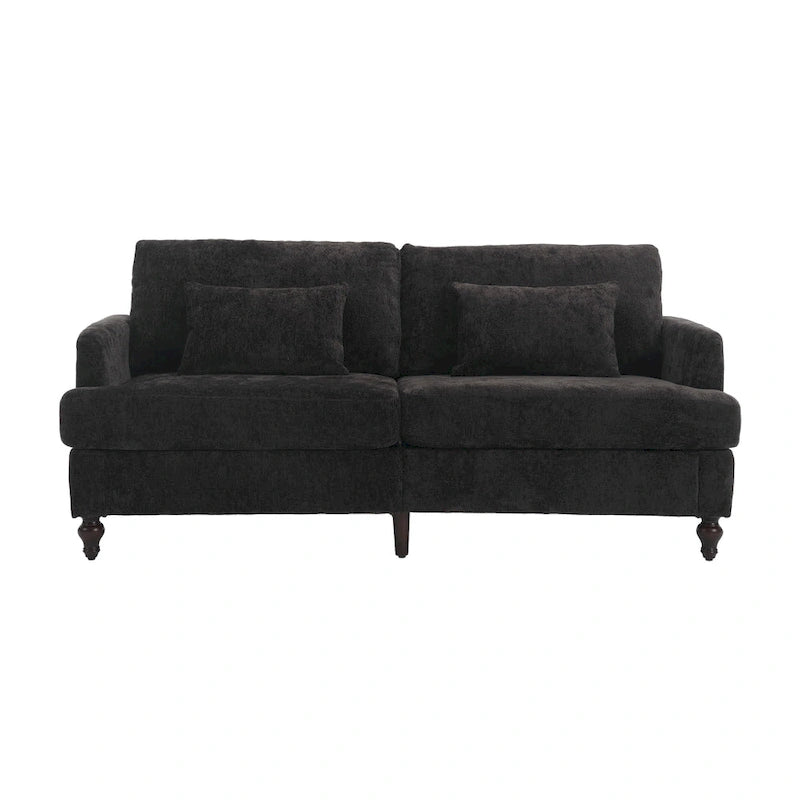 Set Divanetto e Poltrona Imbottiti in ciniglia, Struttura in legno, 2 posti – Beige / Smeraldo / Arancione / Nero / Rosa / Grigio