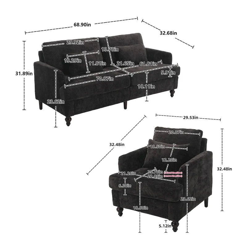 Set Divanetto e Poltrona Imbottiti in ciniglia, Struttura in legno, 2 posti – Beige / Smeraldo / Arancione / Nero / Rosa / Grigio