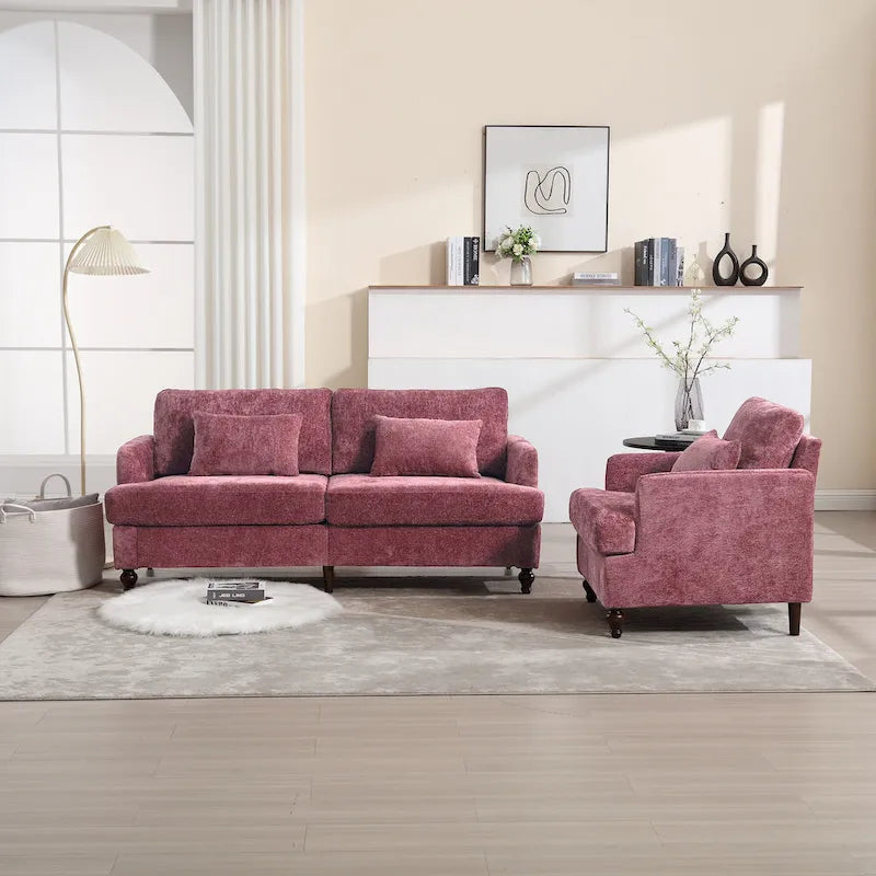Set Divanetto e Poltrona Imbottiti in ciniglia, Struttura in legno, 2 posti – Beige / Smeraldo / Arancione / Nero / Rosa / Grigio