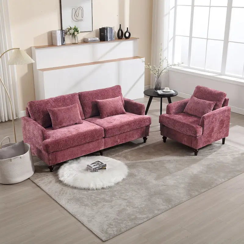 Set Divanetto e Poltrona Imbottiti in ciniglia, Struttura in legno, 2 posti – Beige / Smeraldo / Arancione / Nero / Rosa / Grigio