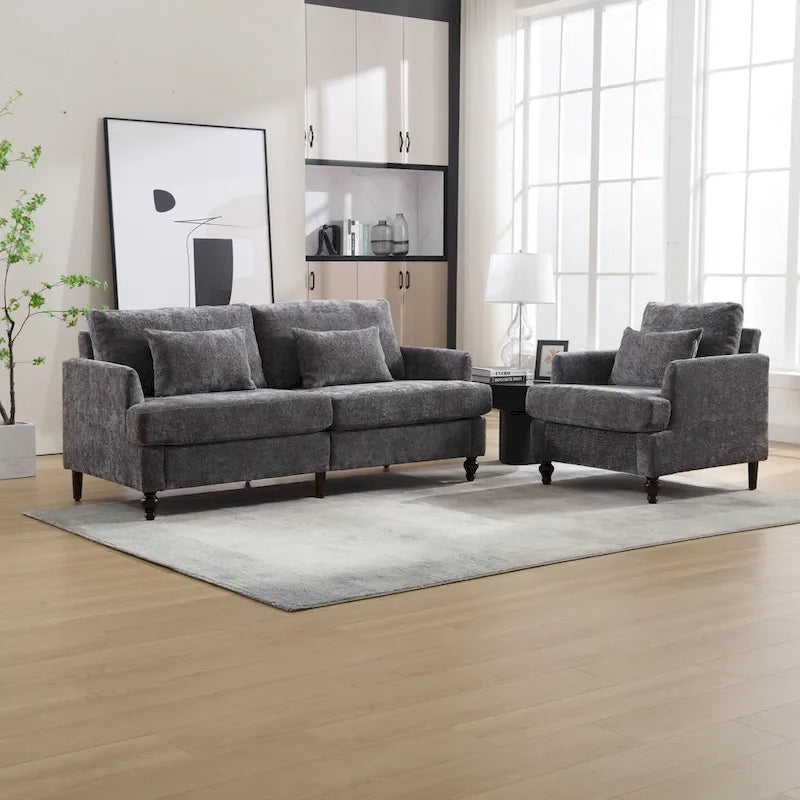 Set Divanetto e Poltrona Imbottiti in ciniglia, Struttura in legno, 2 posti – Beige / Smeraldo / Arancione / Nero / Rosa / Grigio