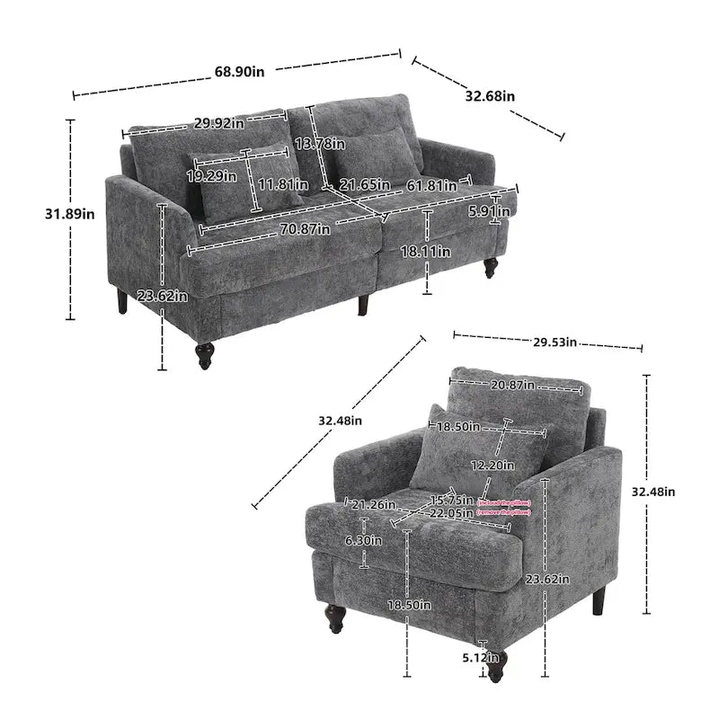 Set Divanetto e Poltrona Imbottiti in ciniglia, Struttura in legno, 2 posti – Beige / Smeraldo / Arancione / Nero / Rosa / Grigio