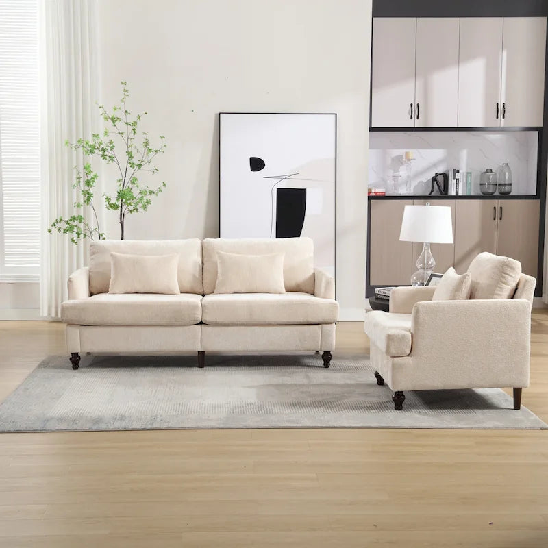Set Divanetto e Poltrona Imbottiti in ciniglia, Struttura in legno, 2 posti – Beige / Smeraldo / Arancione / Nero / Rosa / Grigio