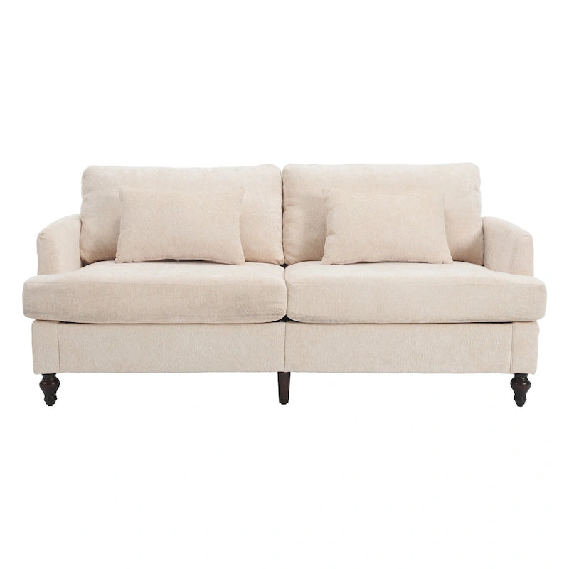 Set Divanetto e Poltrona Imbottiti in ciniglia, Struttura in legno, 2 posti – Beige / Smeraldo / Arancione / Nero / Rosa / Grigio