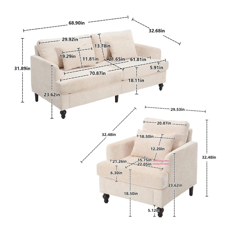 Set Divanetto e Poltrona Imbottiti in ciniglia, Struttura in legno, 2 posti – Beige / Smeraldo / Arancione / Nero / Rosa / Grigio