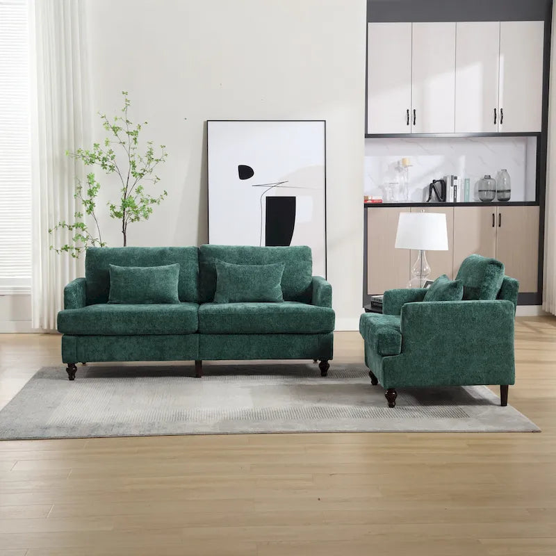 Set Divanetto e Poltrona Imbottiti in ciniglia, Struttura in legno, 2 posti – Beige / Smeraldo / Arancione / Nero / Rosa / Grigio