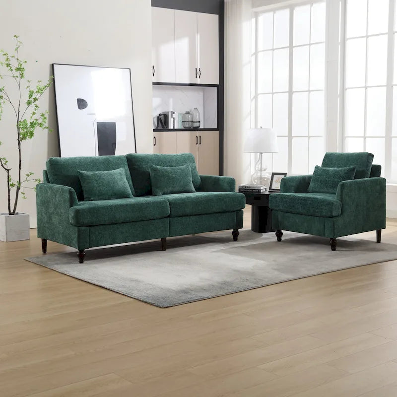 Set Divanetto e Poltrona Imbottiti in ciniglia, Struttura in legno, 2 posti – Beige / Smeraldo / Arancione / Nero / Rosa / Grigio
