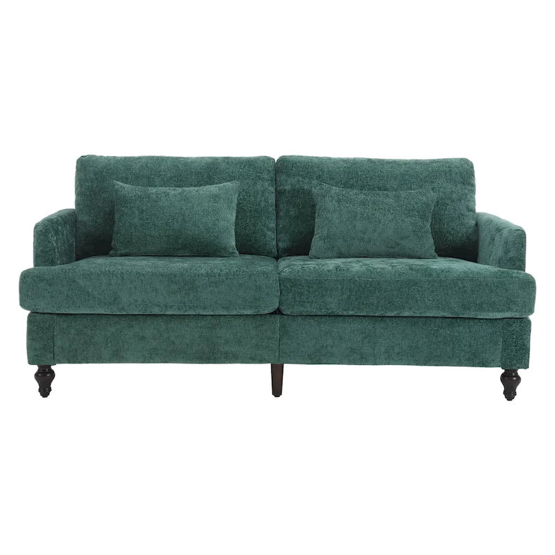 Set Divanetto e Poltrona Imbottiti in ciniglia, Struttura in legno, 2 posti – Beige / Smeraldo / Arancione / Nero / Rosa / Grigio