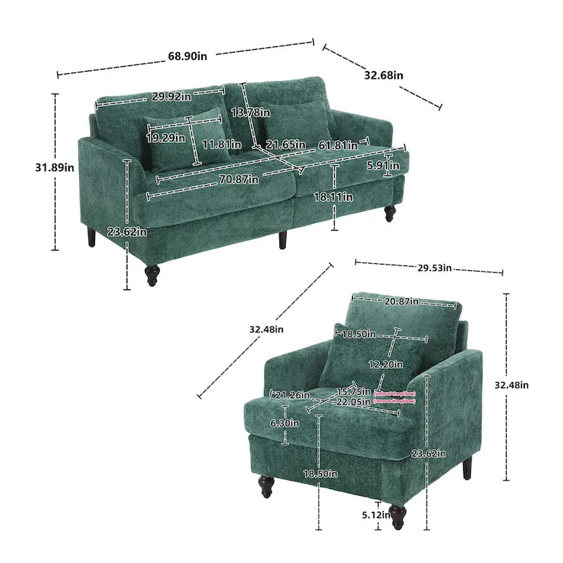Set Divanetto e Poltrona Imbottiti in ciniglia, Struttura in legno, 2 posti – Beige / Smeraldo / Arancione / Nero / Rosa / Grigio