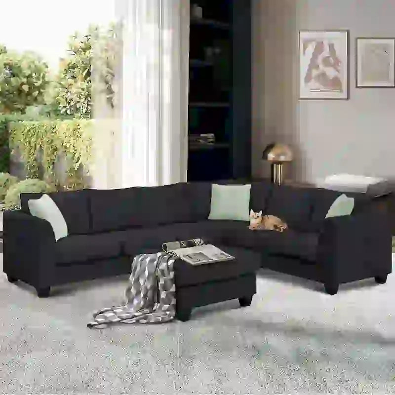 Divano angolare modulare nero/grigio con pouf, 7 posti