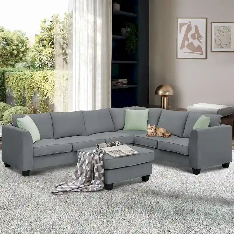 Divano angolare modulare nero/grigio con pouf, 7 posti