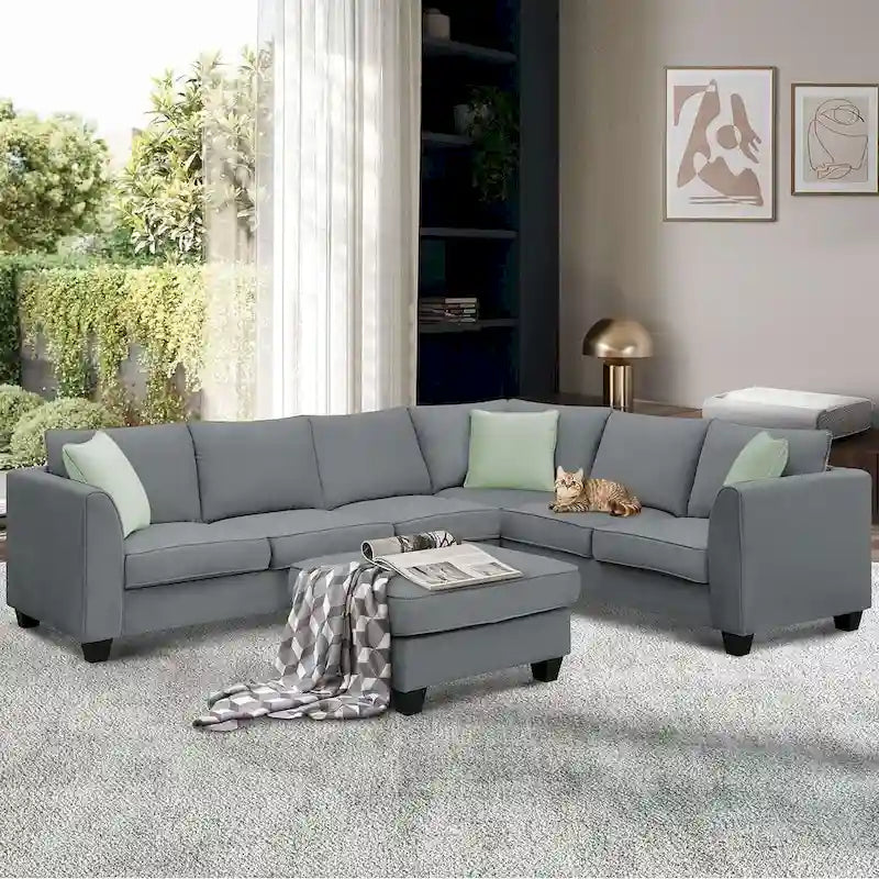 Divano angolare modulare nero/grigio con pouf, 7 posti