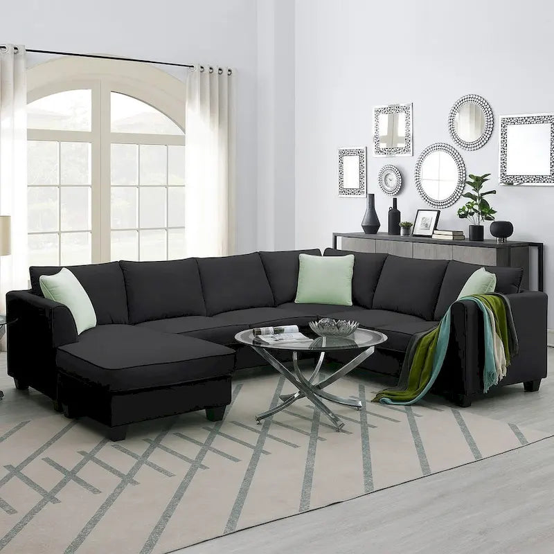 Divano angolare modulare nero/grigio con pouf, 7 posti