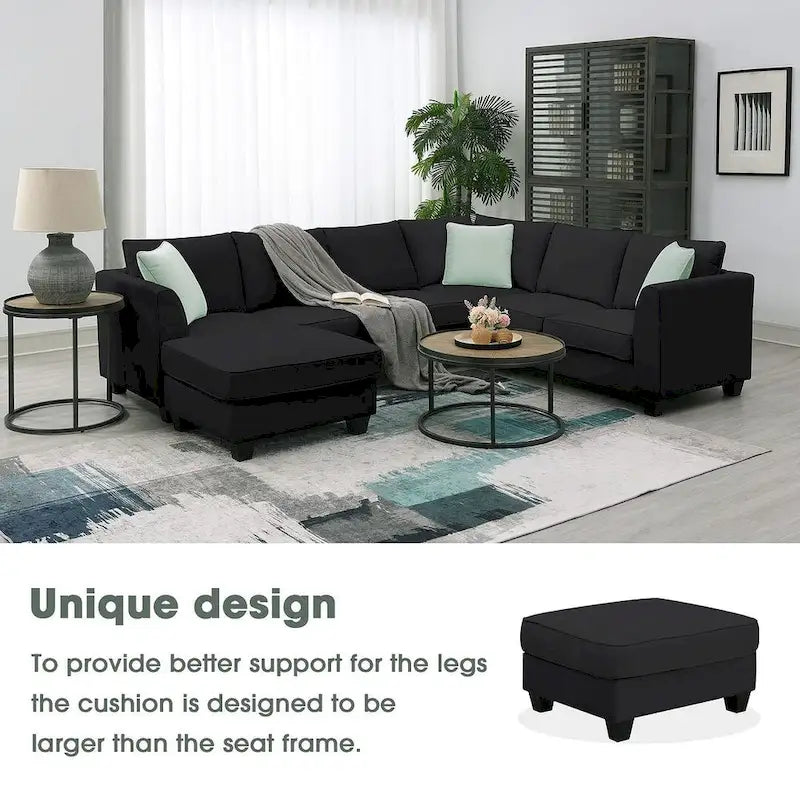 Divano angolare modulare nero/grigio con pouf, 7 posti