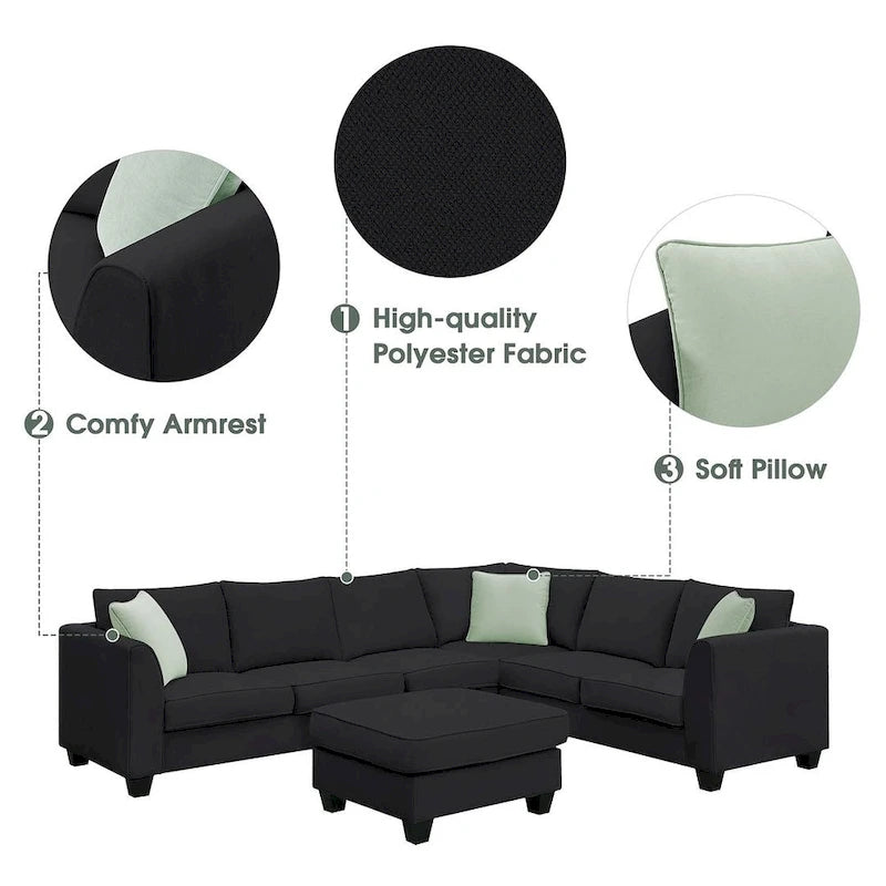 Divano angolare modulare nero/grigio con pouf, 7 posti