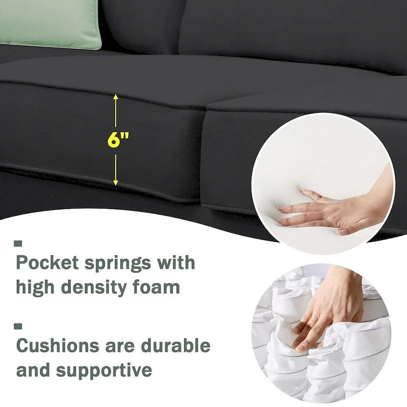 Divano angolare modulare nero/grigio con pouf, 7 posti