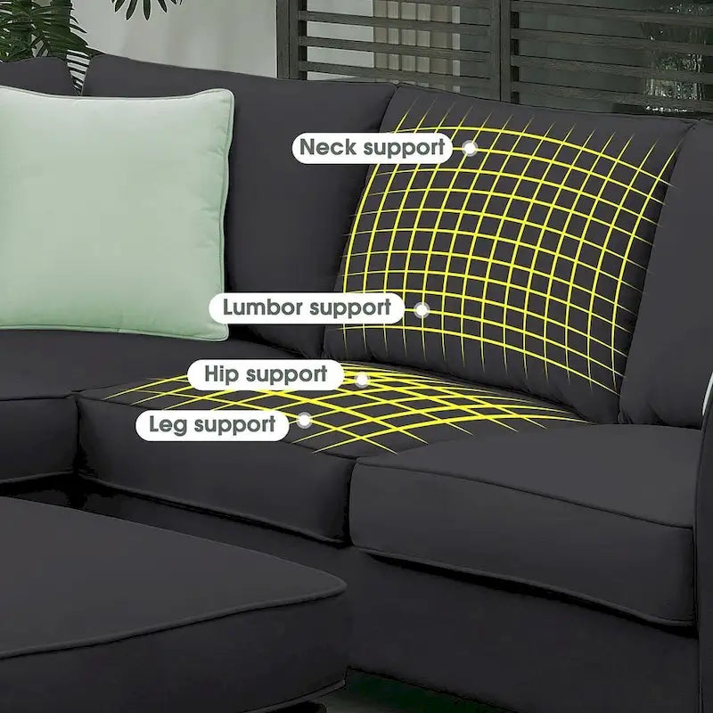 Divano angolare modulare nero/grigio con pouf, 7 posti