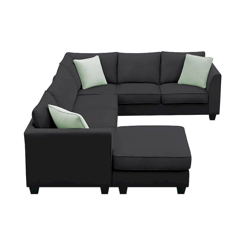 Divano angolare modulare nero/grigio con pouf, 7 posti