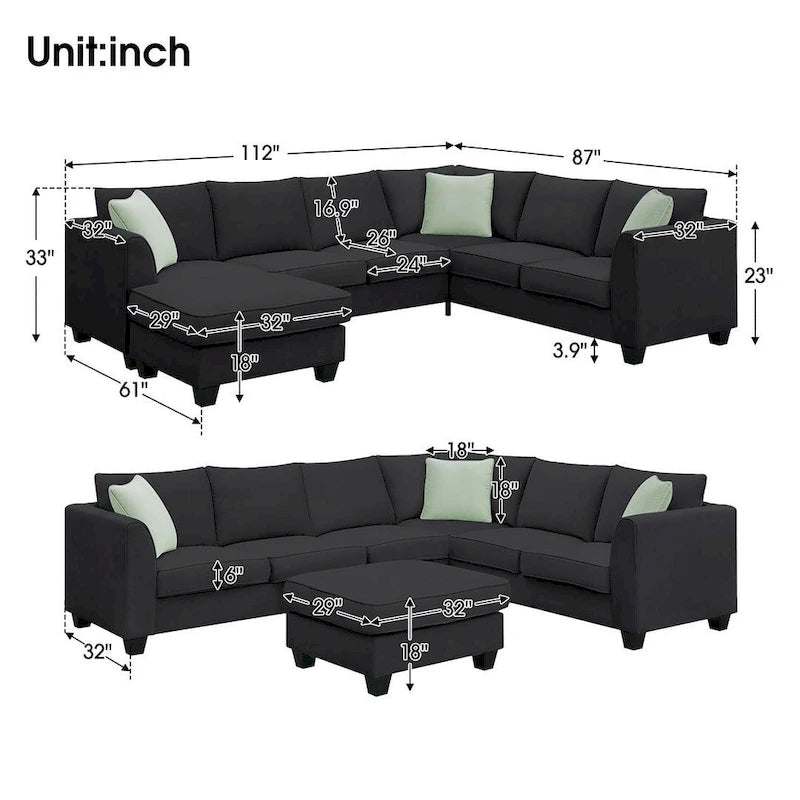 Divano angolare modulare nero/grigio con pouf, 7 posti