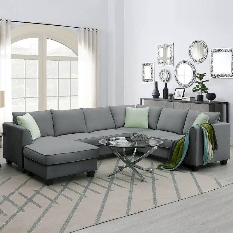 Divano angolare modulare nero/grigio con pouf, 7 posti