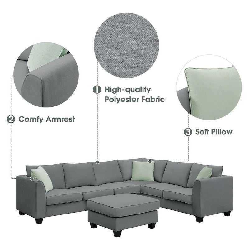 Divano angolare modulare nero/grigio con pouf, 7 posti