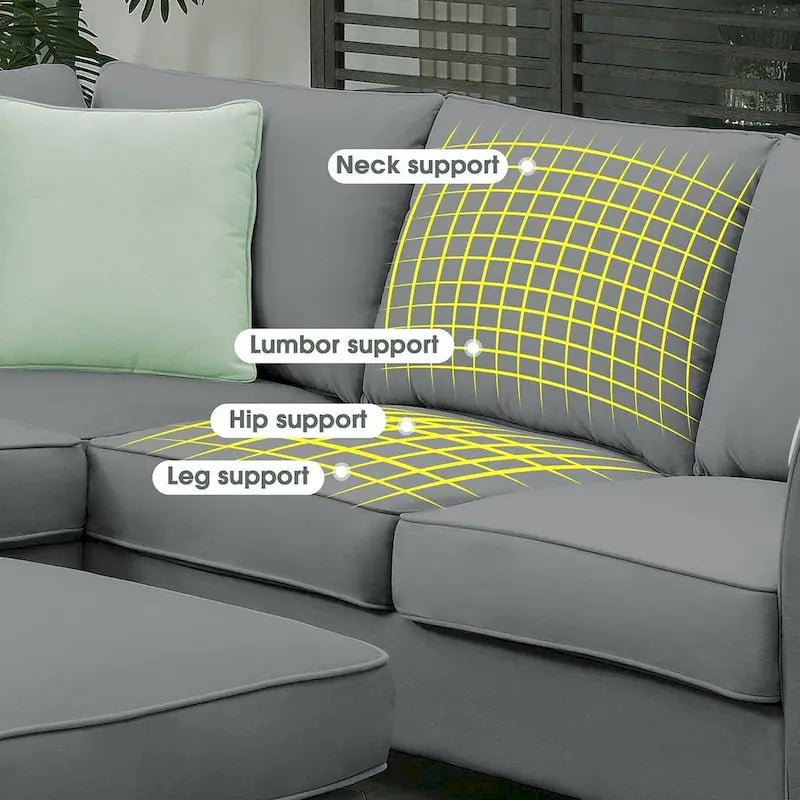 Divano angolare modulare nero/grigio con pouf, 7 posti