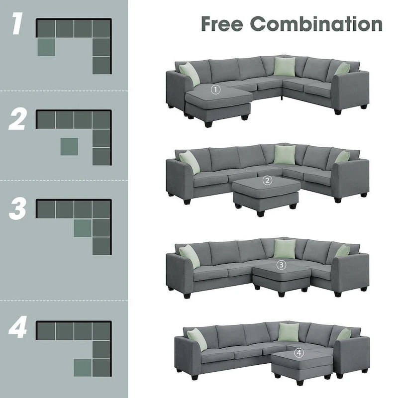 Divano angolare modulare nero/grigio con pouf, 7 posti