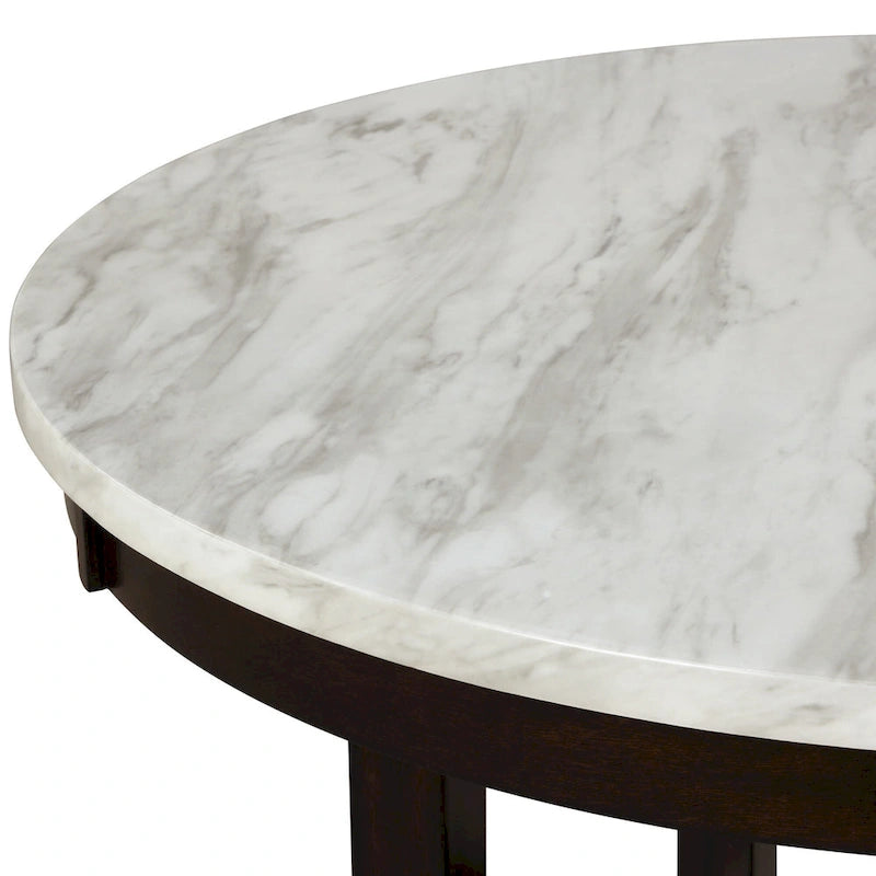 Tavolo da pranzo rotondo bianco e marrone, piano in finto marmo, per 4–6 persone