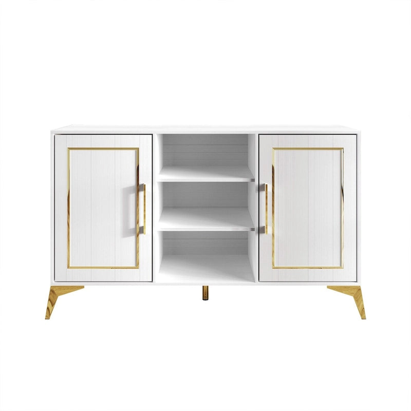 Credenza contemporanea bianca/nera con dettagli dorati, 3 ripiani, 2 armadietti, per 1
