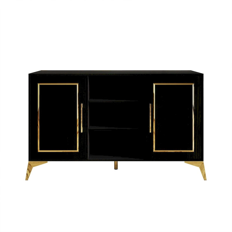 Credenza contemporanea bianca/nera con dettagli dorati, 3 ripiani, 2 armadietti, per 1