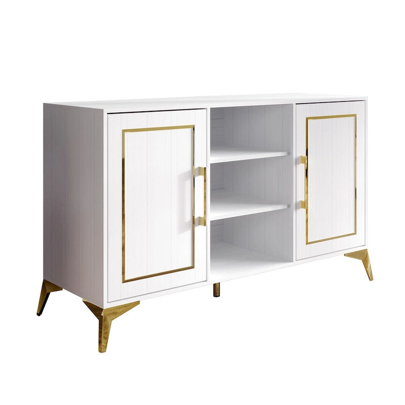 Credenza contemporanea bianca/nera con dettagli dorati, 3 ripiani, 2 armadietti, per 1