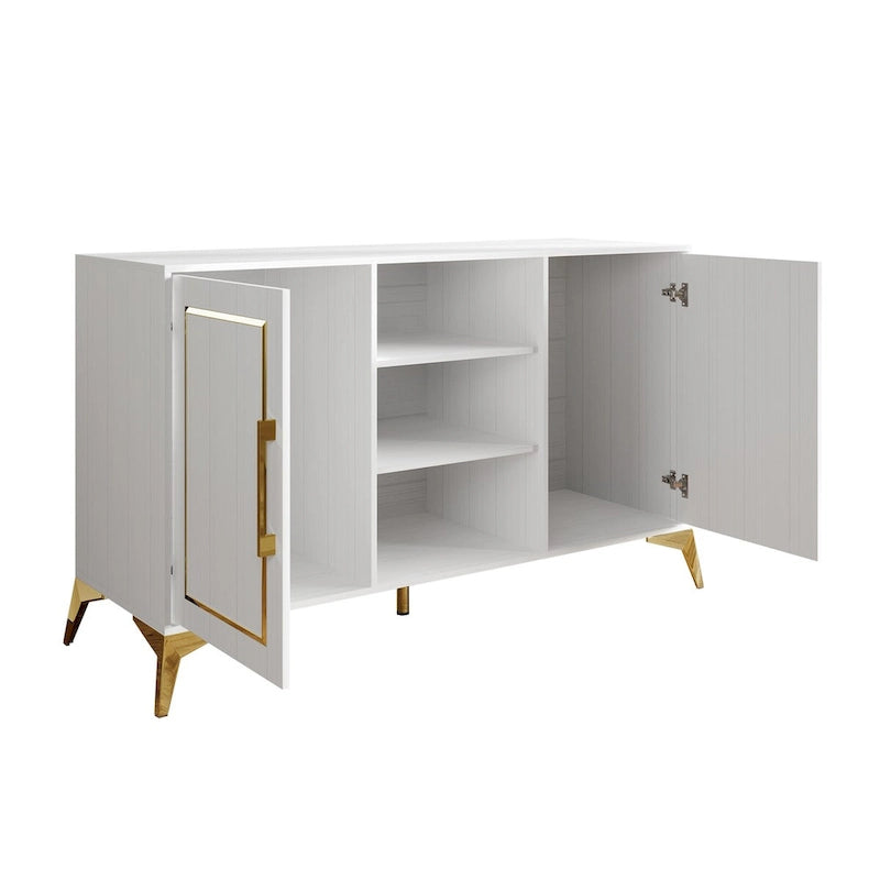 Credenza contemporanea bianca/nera con dettagli dorati, 3 ripiani, 2 armadietti, per 1