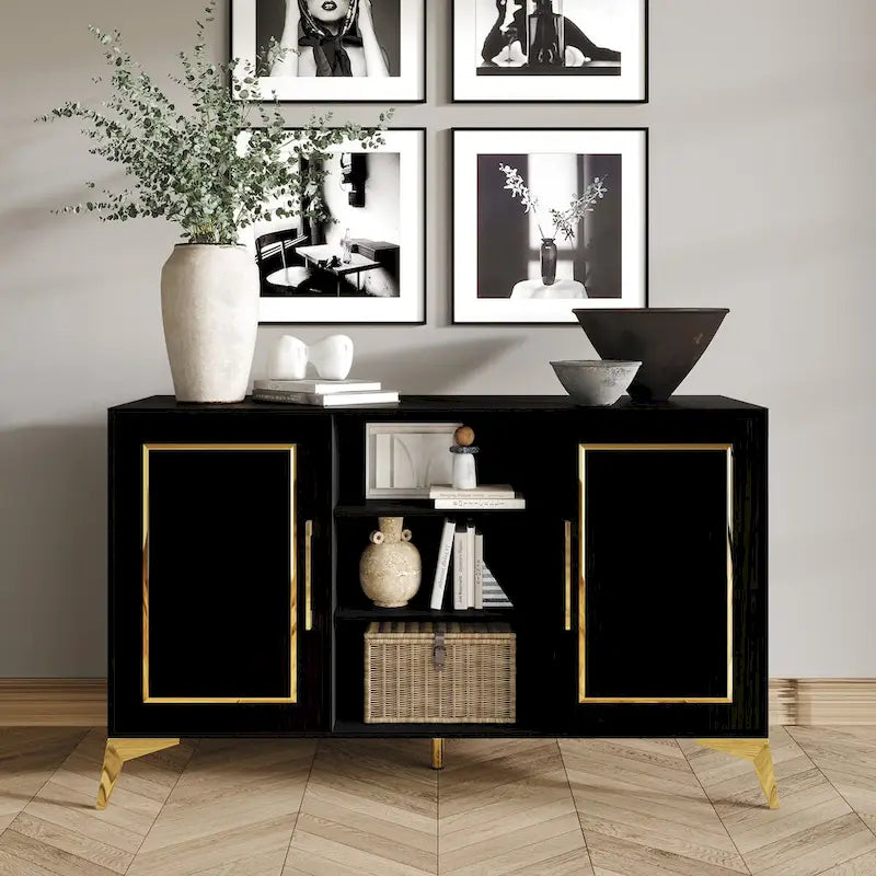 Credenza contemporanea bianca/nera con dettagli dorati, 3 ripiani, 2 armadietti, per 1