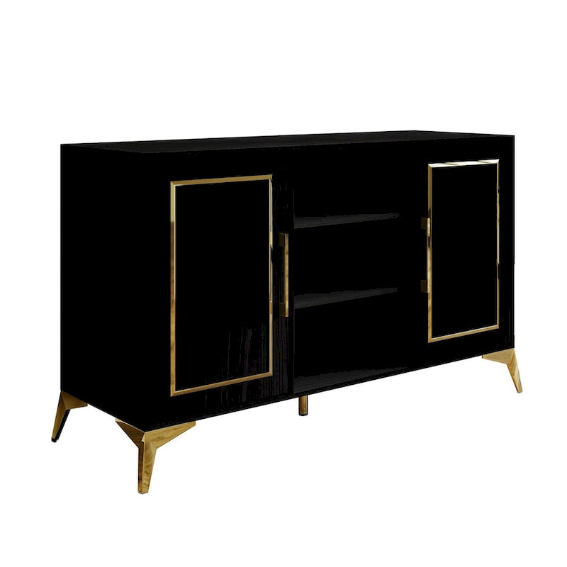 Credenza contemporanea bianca/nera con dettagli dorati, 3 ripiani, 2 armadietti, per 1