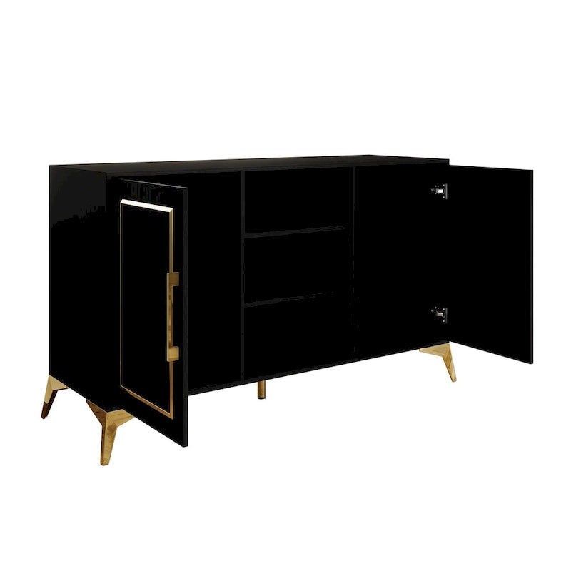 Credenza contemporanea bianca/nera con dettagli dorati, 3 ripiani, 2 armadietti, per 1