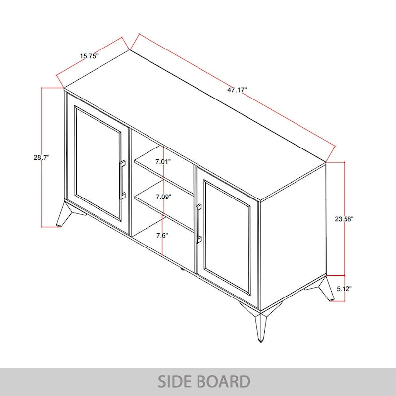 Credenza contemporanea bianca/nera con dettagli dorati, 3 ripiani, 2 armadietti, per 1