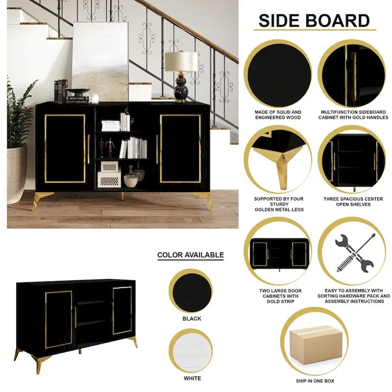 Credenza contemporanea bianca/nera con dettagli dorati, 3 ripiani, 2 armadietti, per 1