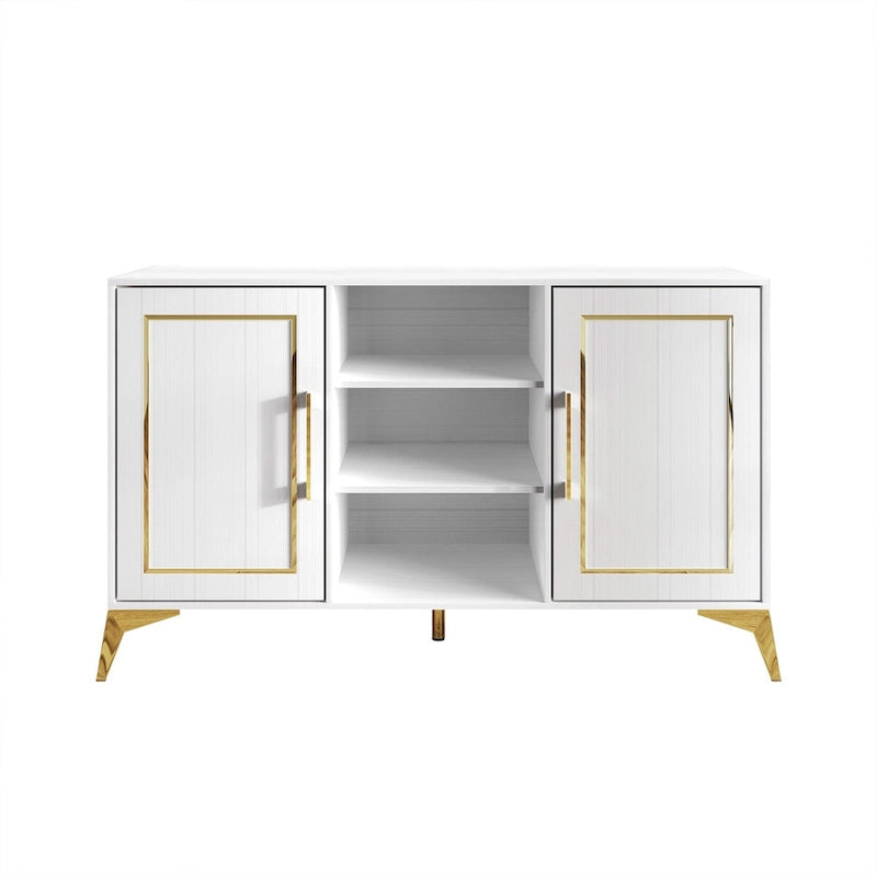 Credenza contemporanea bianca/nera con dettagli dorati, 3 ripiani, 2 armadietti, per 1
