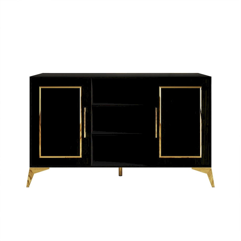 Credenza contemporanea bianca/nera con dettagli dorati, 3 ripiani, 2 armadietti, per 1