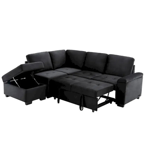Velvet L-Shape Sleeper Sectional Sofa with Storage Ottoman, USB Charge